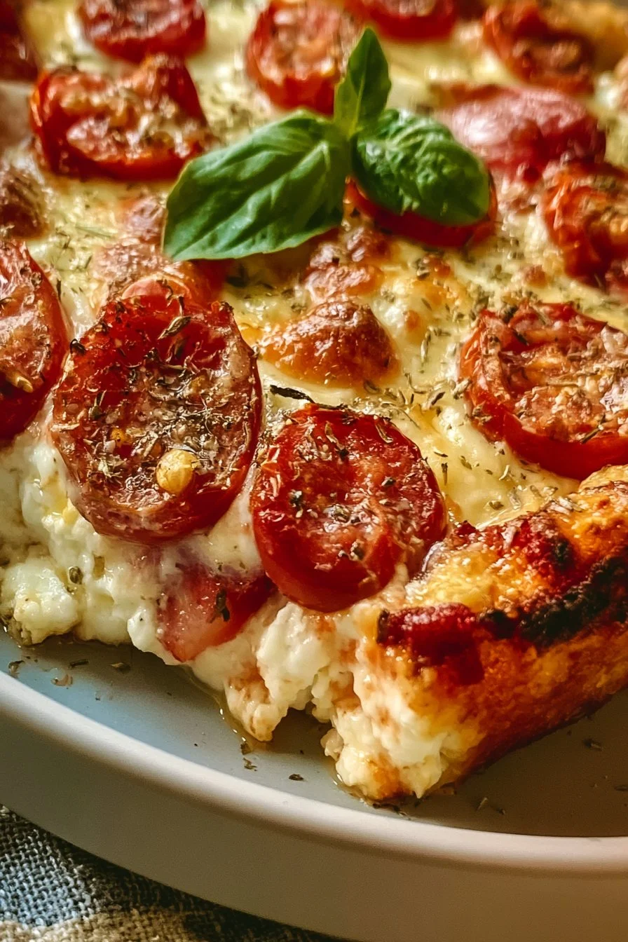 Cottage Cheese Pizza Bake topped with fresh vegetables and cheese
