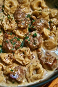 Cracked garlic steak tortellini in a rich creamhouse sauce