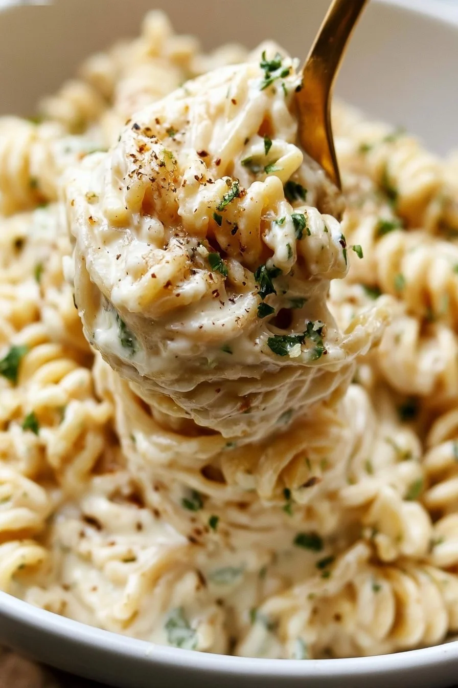 Delicious cream cheese pasta served in a bowl