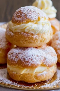Delicious cream puffs with whipped cream filling on a plate