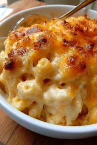 Creamy baked macaroni and cheese in a dish, topped with a golden crust
