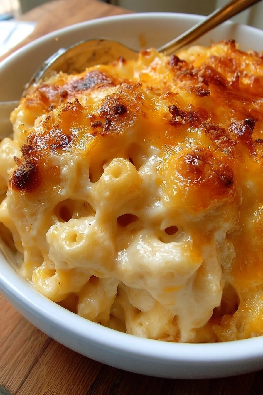 Creamy baked macaroni and cheese in a dish, topped with a golden crust