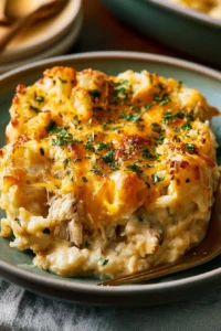 Creamy chicken cauliflower rice casserole served in a dish