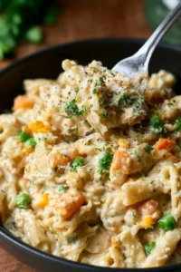 Creamy chicken pot pie pasta served in a bowl with herbs garnishing.