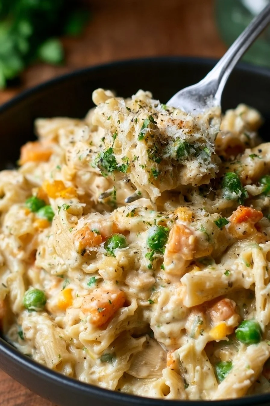 Creamy chicken pot pie pasta served in a bowl with herbs garnishing.