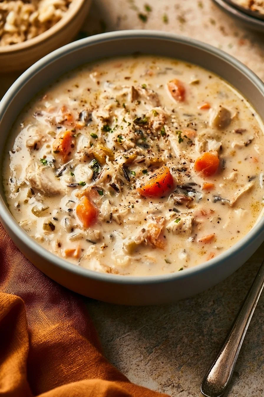 Home 18 Creamy crockpot chicken wild rice soup in a bowl garnished with herbs.