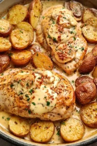 Creamy Dijon Chicken served with tender potatoes, perfect for a cozy dinner