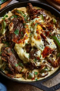 Creamy Keto Philly Cheesesteak Skillet served in a dish