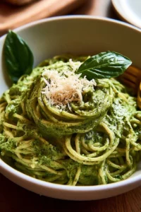 Creamy Mexican Green Spaghetti garnished with fresh herbs and vegetables