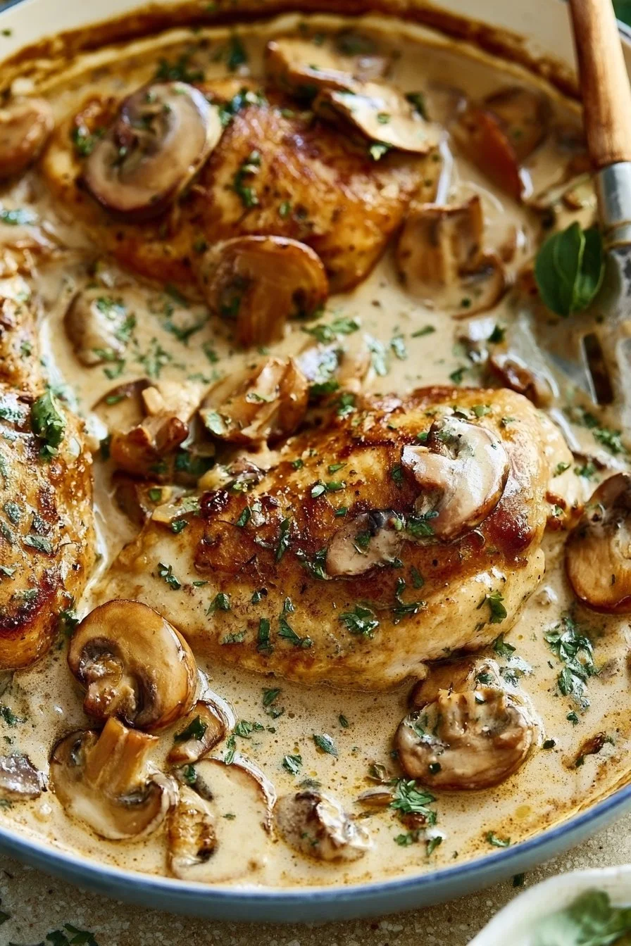 Creamy Mushroom Chicken served on a plate with herbs garnish