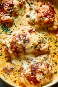 Creamy oven baked chicken thighs served with herbs and spices.