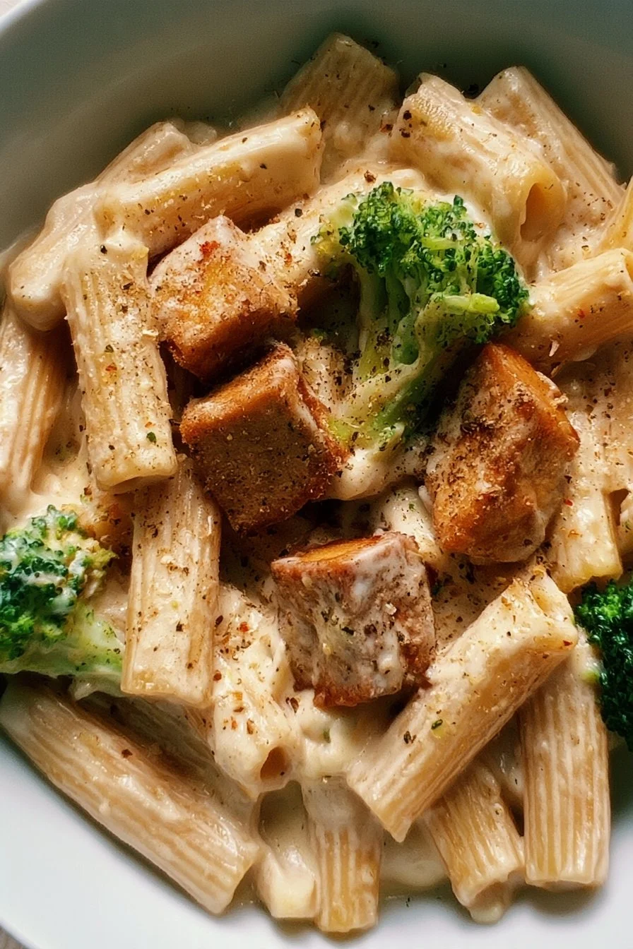 A bowl of creamy pasta with tofu, garnished with fresh herbs.