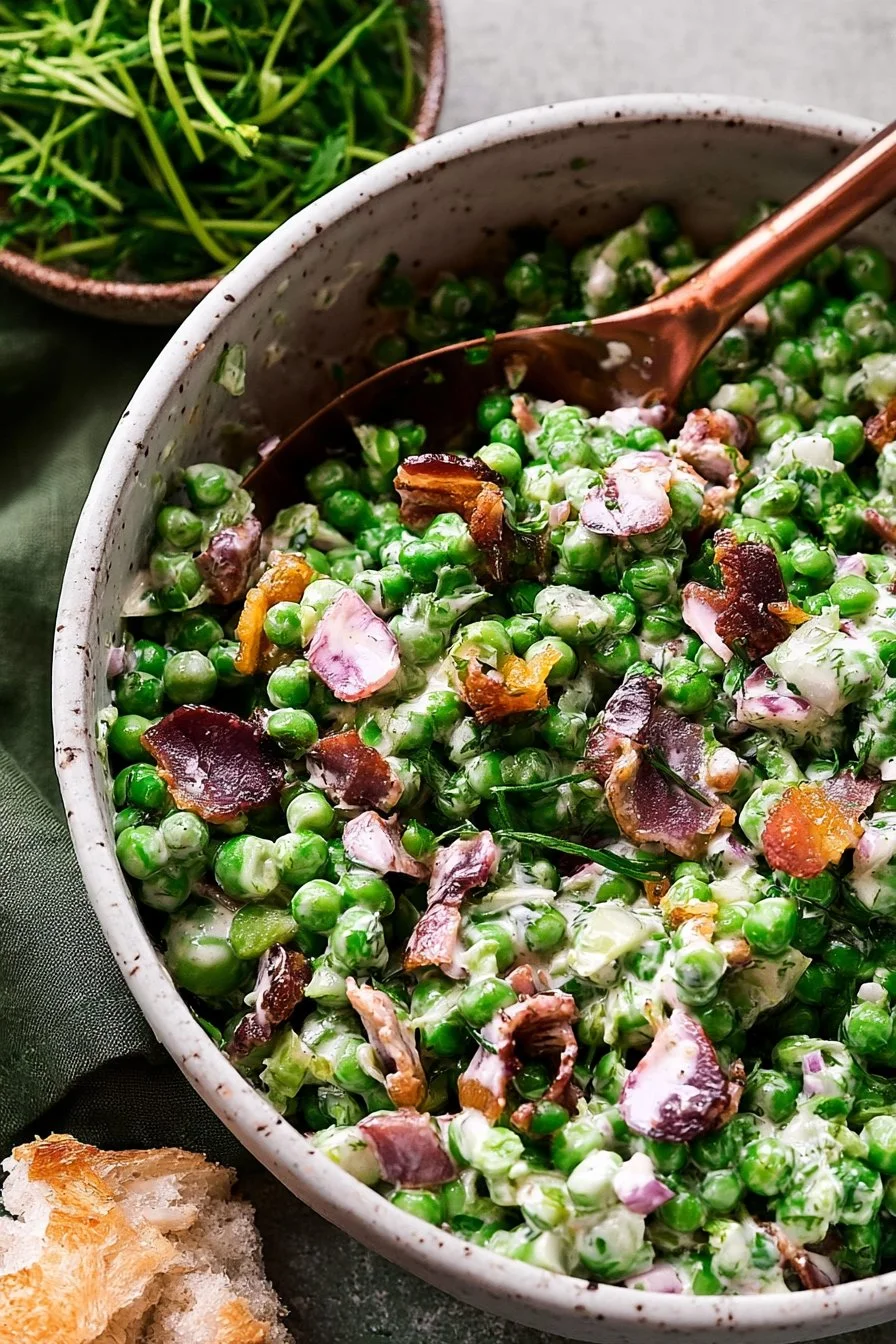 Creamy pea salad with bacon served in a bowl