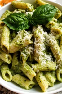 Creamy pesto pasta served in a bowl, garnished with fresh basil.