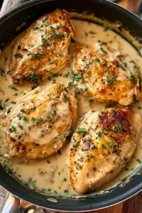 Browned chicken breasts in a skillet with creamy herb sauce