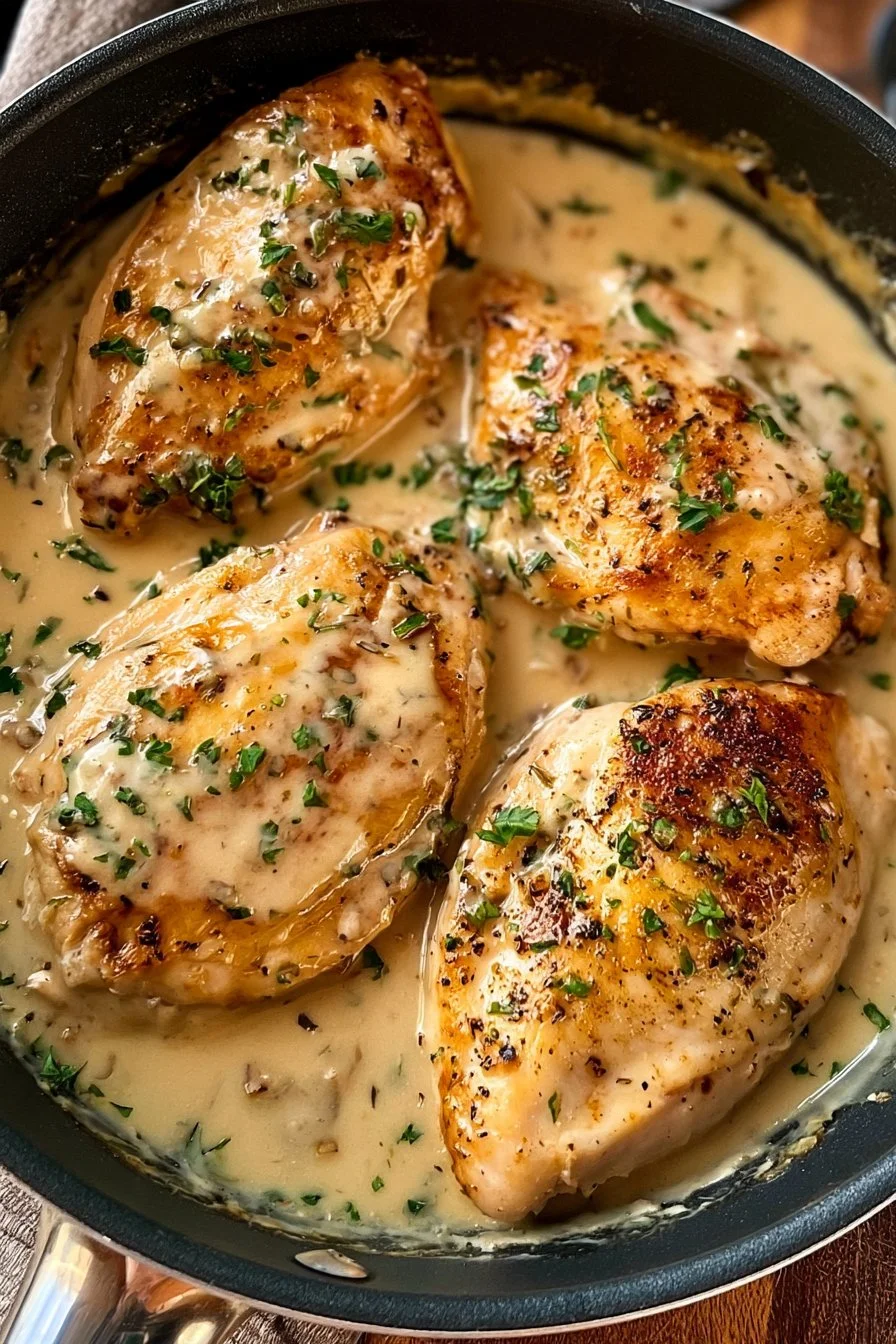 Browned chicken breasts in a skillet with creamy herb sauce
