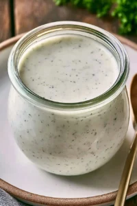 Homemade creamy ranch dressing in a bowl with fresh herbs and vegetables.