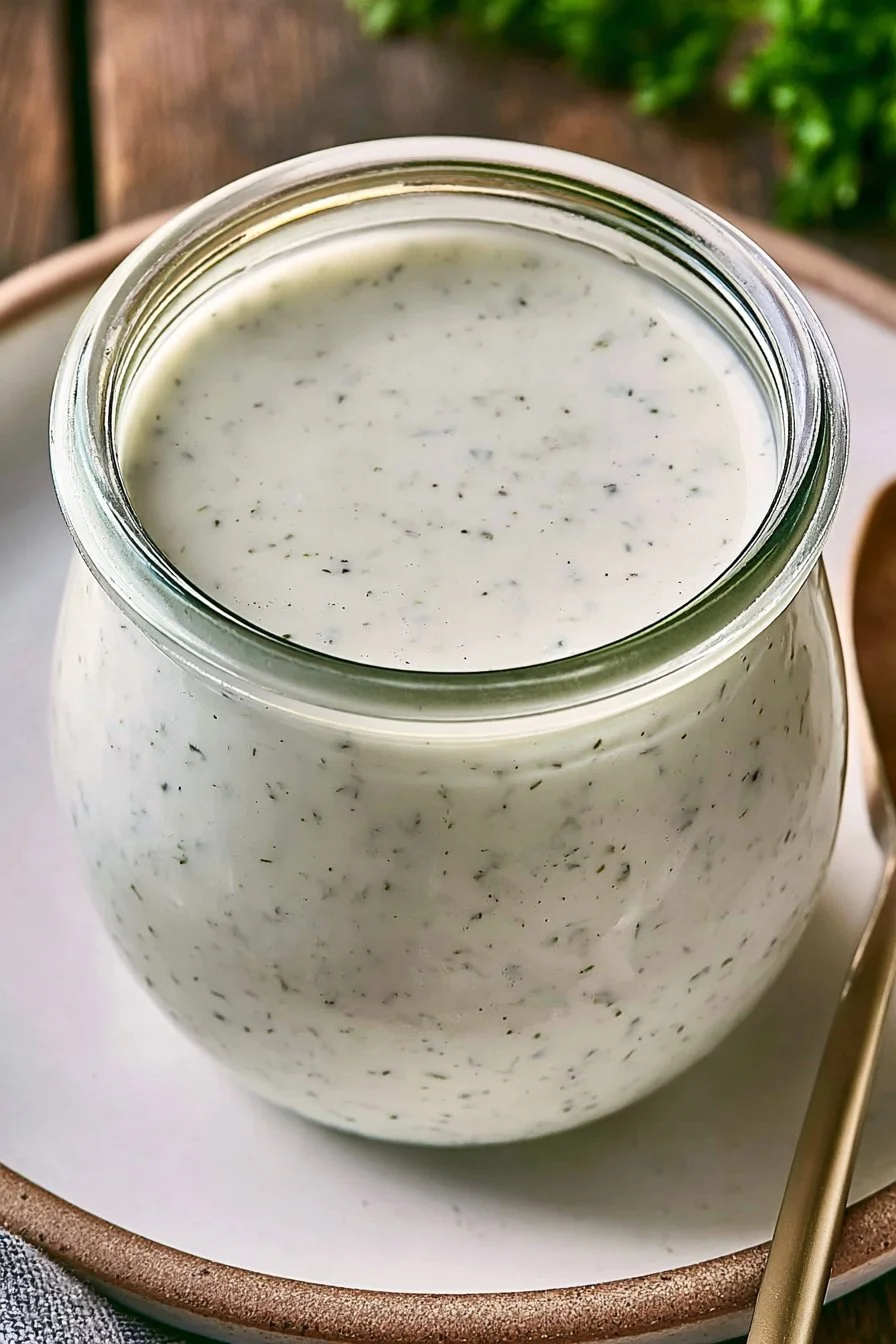 Home 36 Homemade creamy ranch dressing in a bowl with fresh herbs and vegetables.