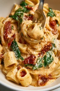 Creamy sun-dried tomato pasta with herbs and cheese