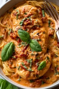 Creamy tomato basil chicken breasts served with fresh basil garnish.