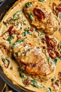 Creamy Tuscan chicken with spinach and sun-dried tomatoes on a plate