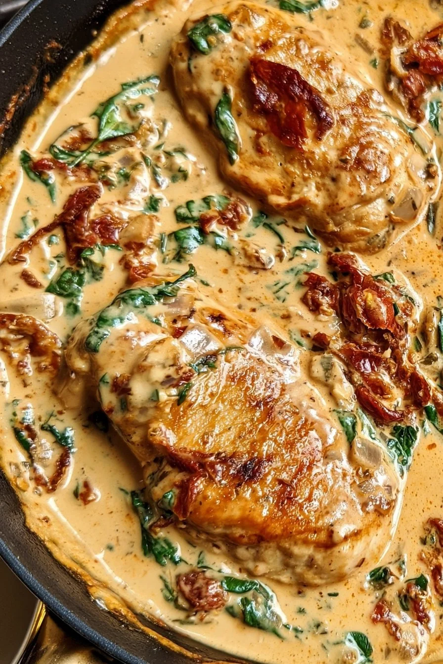 Creamy Tuscan chicken with spinach and sun-dried tomatoes on a plate