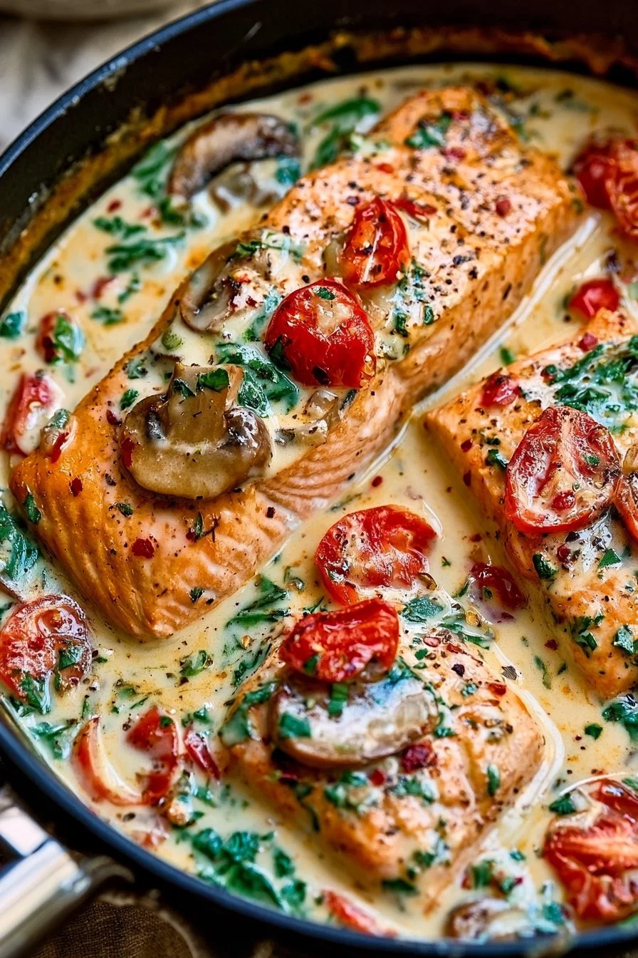 Creamy Tuscan salmon dish with spinach and sun-dried tomatoes