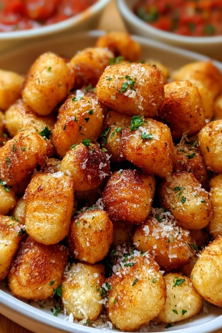 Crispy air fryer gnocchi served in a bowl with herbs