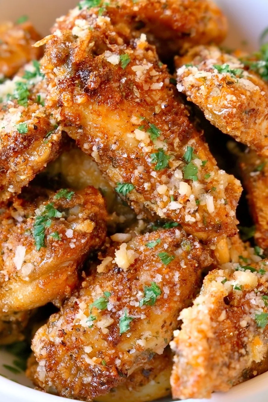 Browned chicken wings topped with grated cheese and chopped herbs