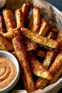 Crispy baked keto zucchini fries served on a plate