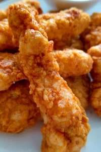 Golden crispy chicken tenders on a plate with dipping sauce