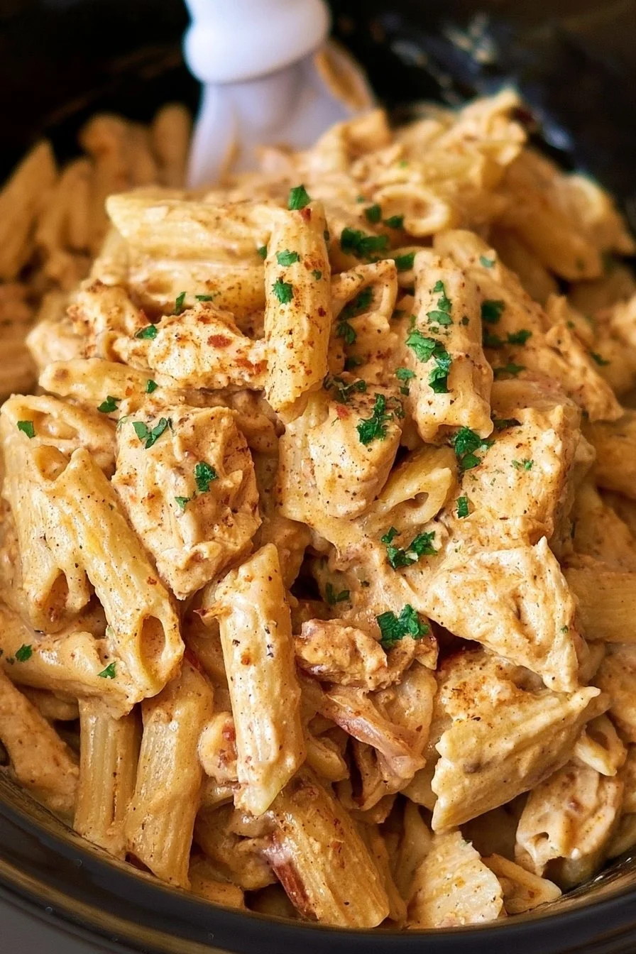 Bowl of delicious Crock Pot Cajun Chicken Pasta with colorful vegetables and spices