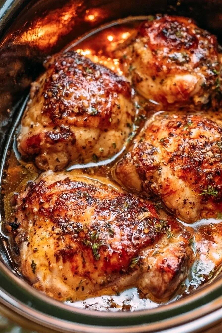 Delicious Crock Pot chicken thighs served with herbs and spices.