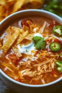 Crock Pot Chicken Tortilla Soup in a bowl topped with tortilla strips.