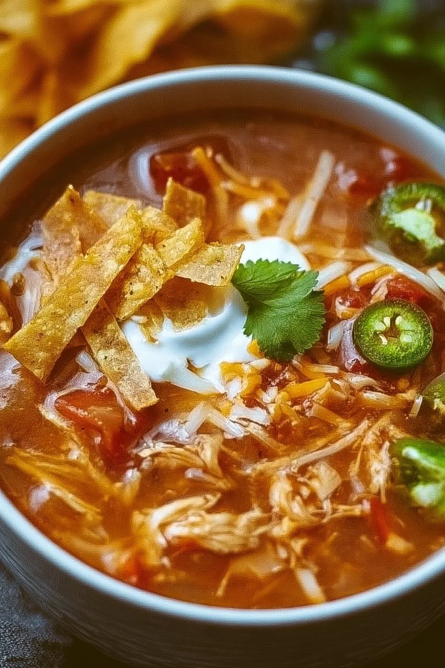 Crock Pot Chicken Tortilla Soup in a bowl topped with tortilla strips.