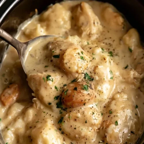 Chicken pieces in creamy sauce inside a slow cooker