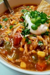 Bowl of Crock Pot Taco Soup topped with cheese and cilantro