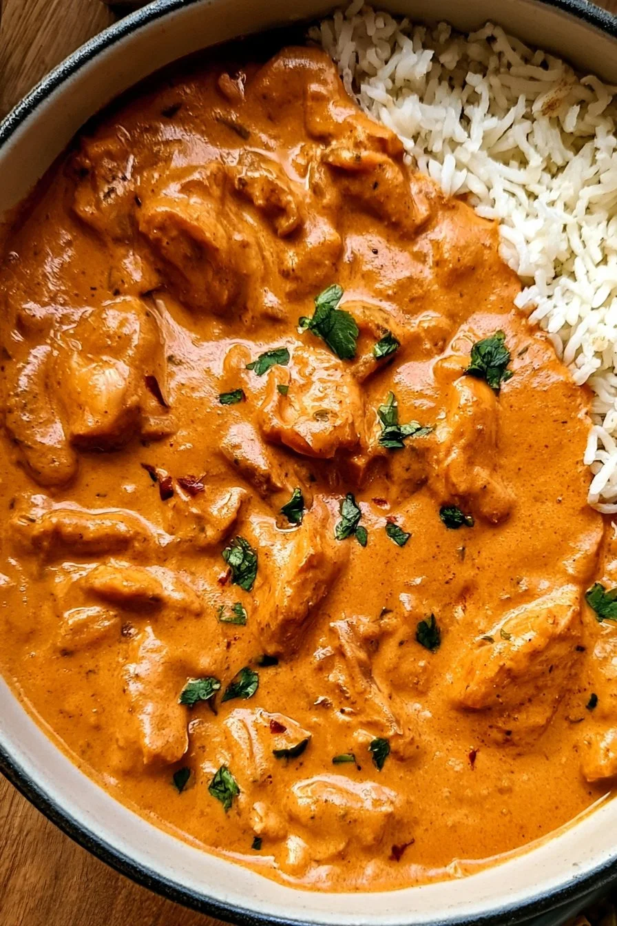Delicious crockpot butter chicken served with rice and spices.