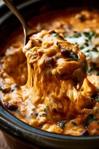 Crockpot chicken enchiladas casserole served on a plate with toppings