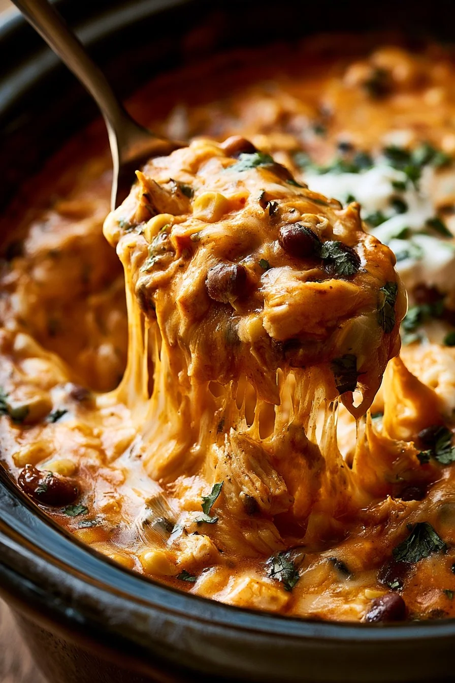 Crockpot chicken enchiladas casserole served on a plate with toppings