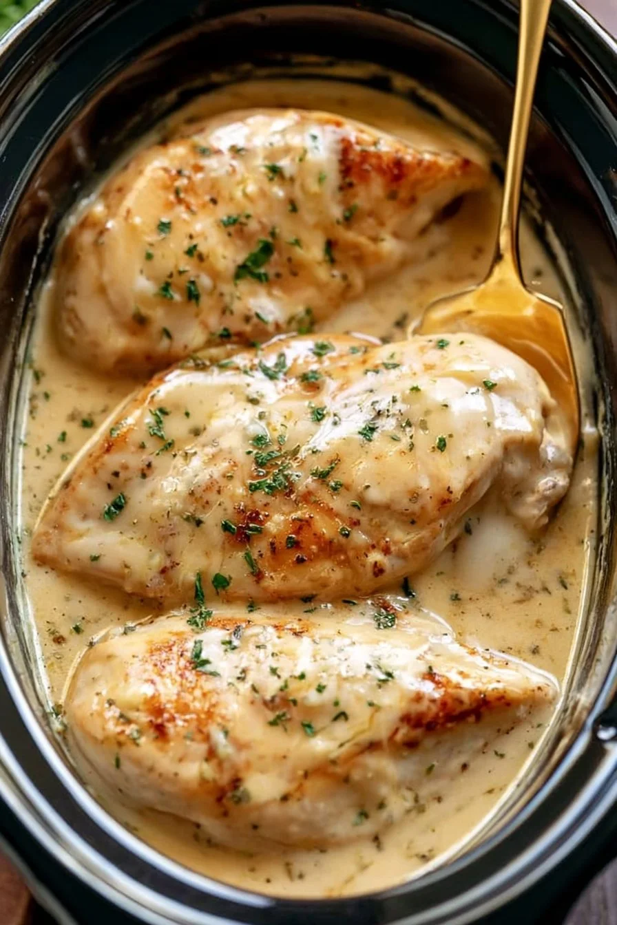 Delicious crockpot creamy garlic parmesan chicken dish garnished with herbs