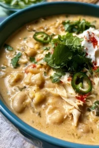 Crockpot Creamy White Chicken Chili served in a bowl with toppings