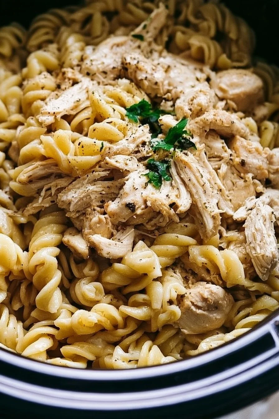 Crockpot Garlic Parmesan Chicken Pasta served in a bowl, ready for dinner party