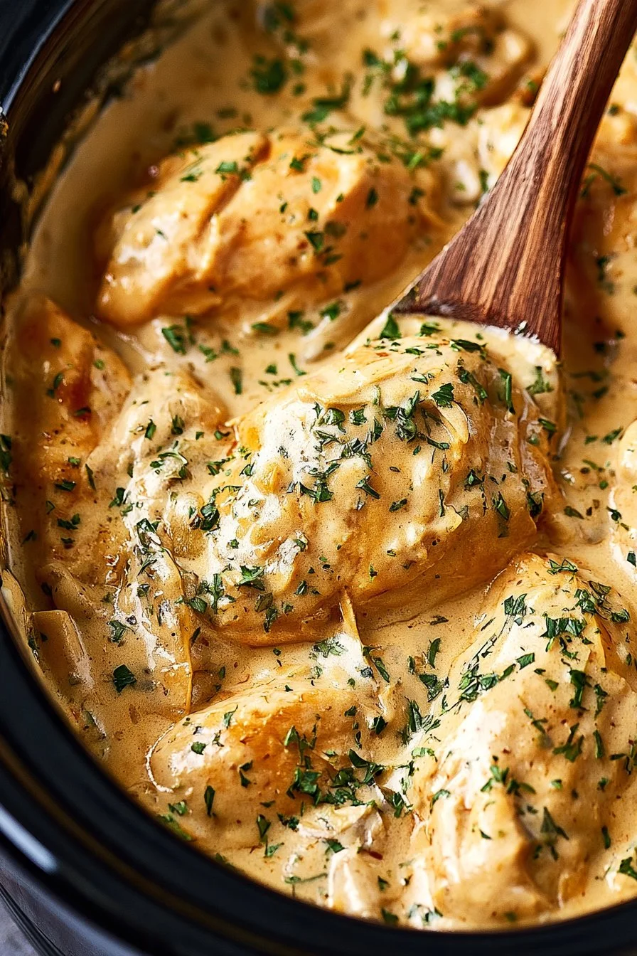 Crockpot Million Dollar Chicken recipe with creamy sauce and seasonings