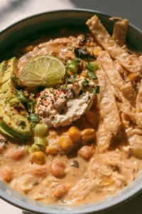 Crockpot White Chicken Chili with Cream Cheese in a bowl with toppings