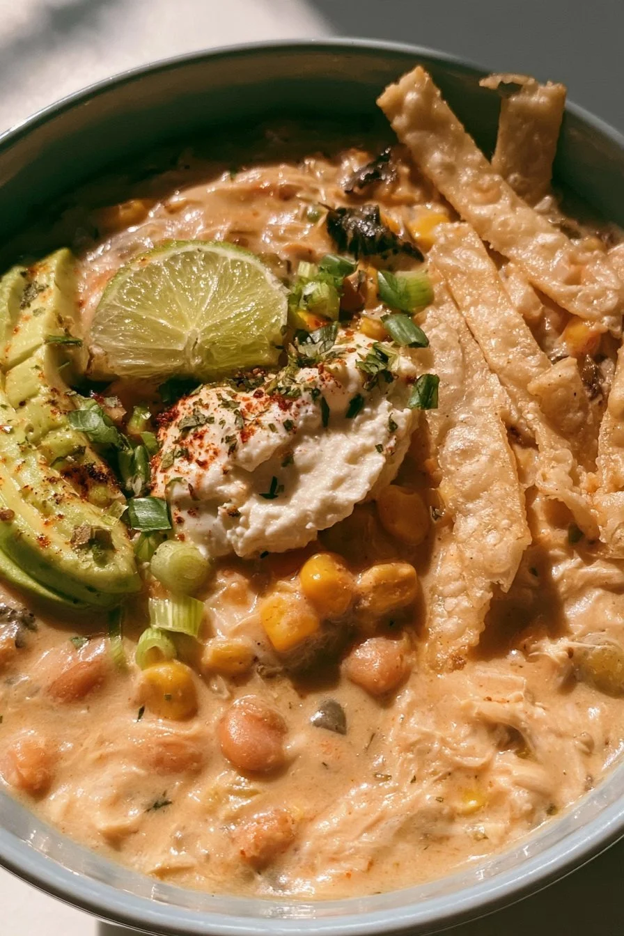 Crockpot White Chicken Chili with Cream Cheese in a bowl with toppings