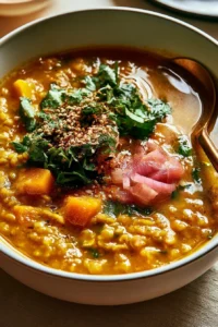 Bowl of delicious Curry Lentil Soup garnished with fresh herbs