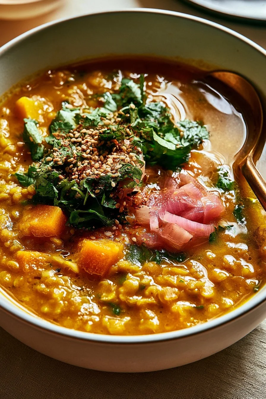 Bowl of delicious Curry Lentil Soup garnished with fresh herbs