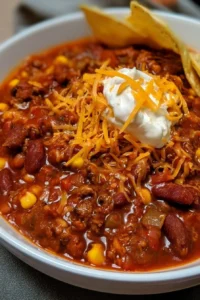 Bowl of Dad's Award Winning Secret Ingredient Chili with fresh toppings