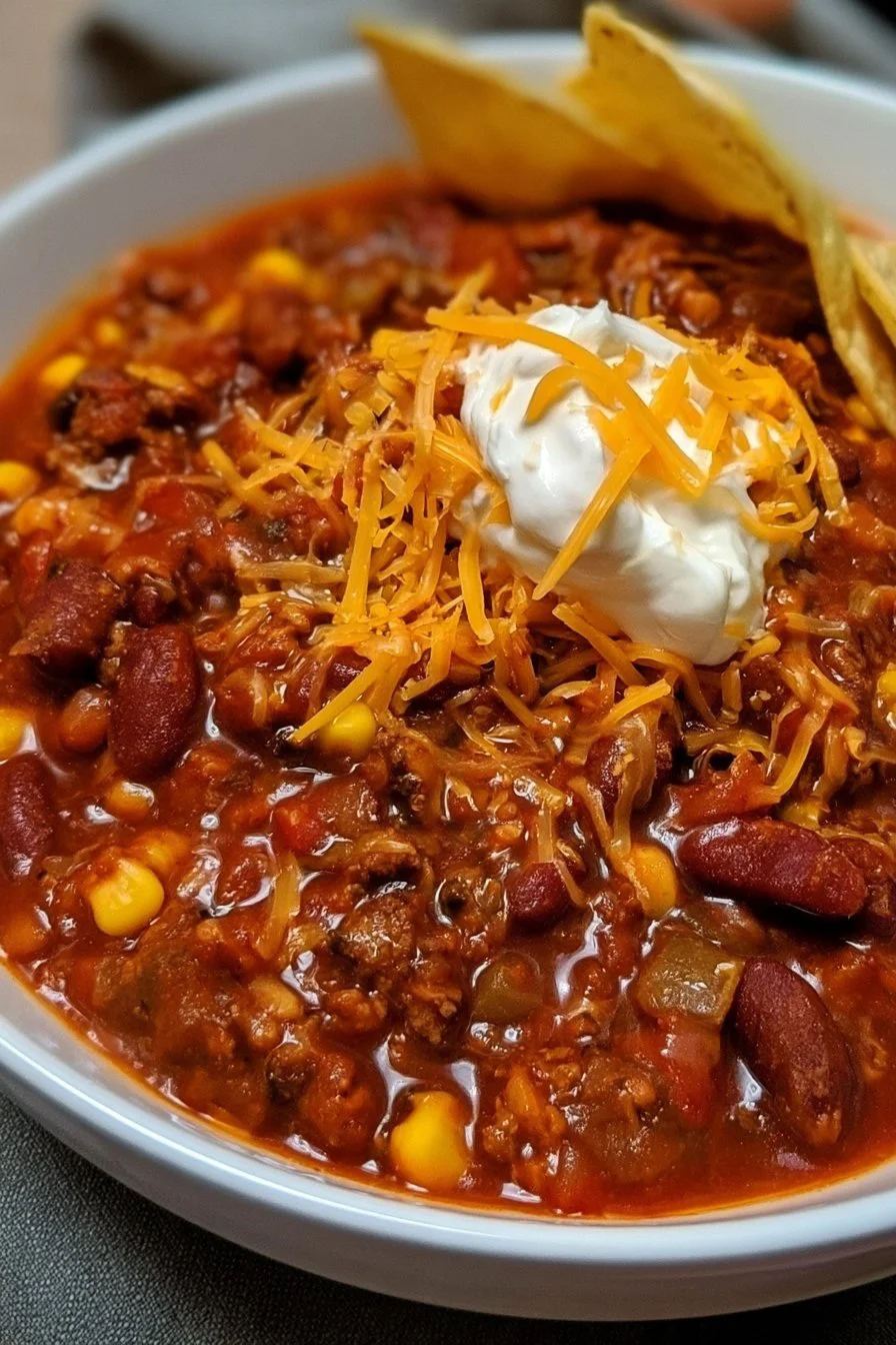 Two Bean Beef Chili with Black and Kidney Beans 1 Bowl of Dad's Award Winning Secret Ingredient Chili with fresh toppings
